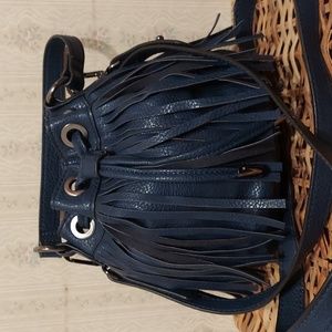 SONDRA ROBERTS SQUARED Blue Fringe Faux Leather Crossbody Bucket Shoulder Bag